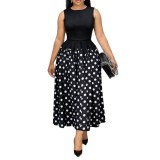 Summer Plus Size Women Career Polka Dot Patchwork Sleeveless Dress