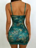 Women Sexy Lace Strap Slim Waist Print Low Back Bodycon Dress