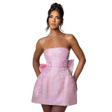 Women summer sexy jacquard strapless bow dress（Processing time need 3-6 days）