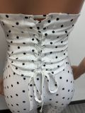 Women Halter Neck Polka Dot Zipper Capri Jumpsuit (Faux Two-Piece)