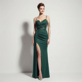Women Suspender Tassel Backless Formal Party Slit Evening Gown