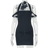 Women solid metallic sexy backless bodycon off-shoulder halter neck dress