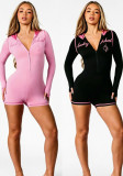 Women Sporty Color Block Zipper Hooded Romper