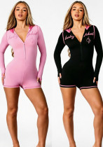Women Sporty Color Block Zipper Hooded Romper Women Sporty Color Block Zipper Hooded Romper