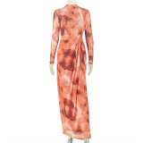 Women color-blocked bodycon round neck long-sleeved dress