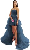 Women mesh cascading ruffles strapless evening dress（Processing time need 3-6 days）