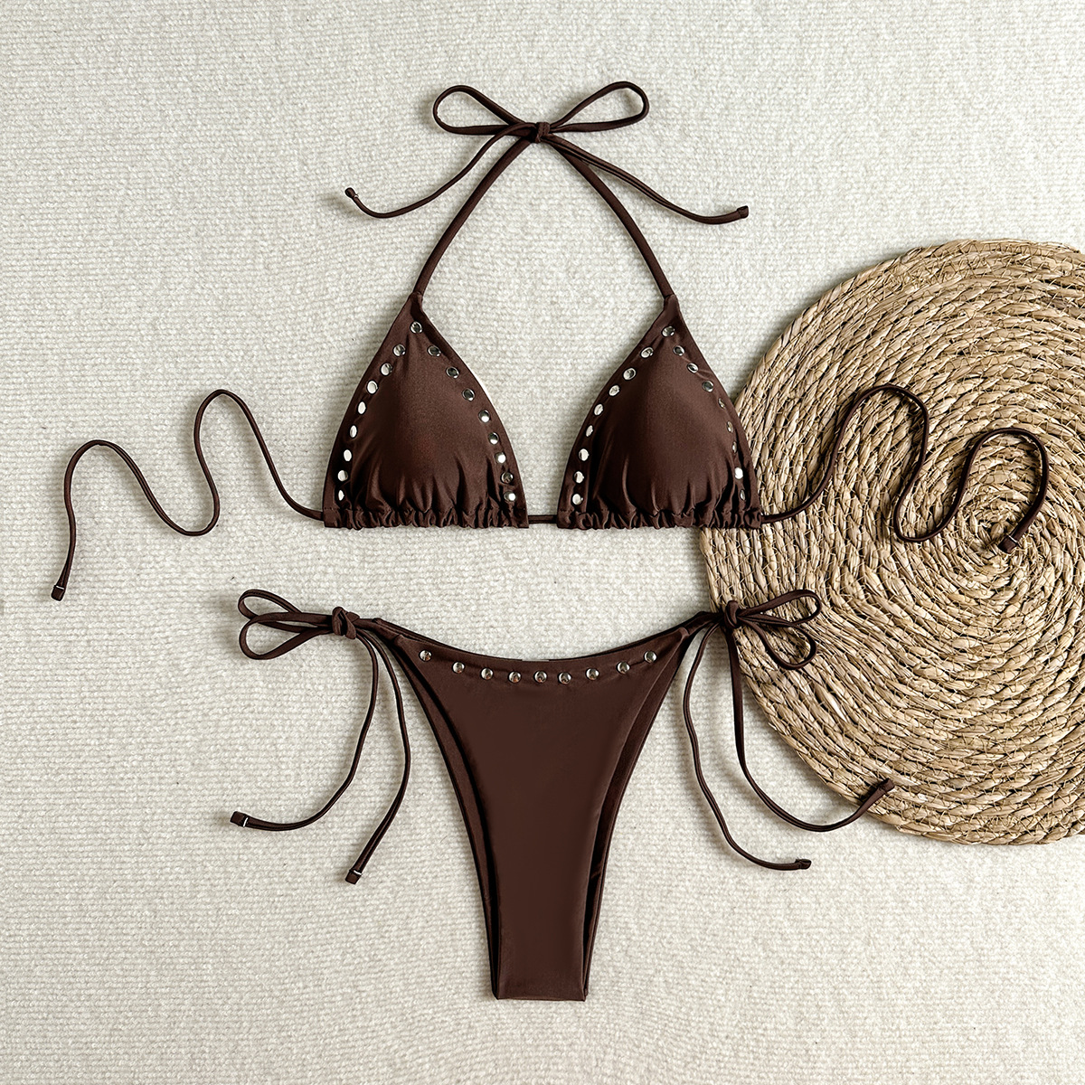 Halter Neck Metal Rivet Hollow-Out Two-Piece Bikini
