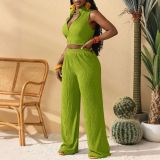Women Summer Casual Zipper Sleeveless Top and Wide-Leg Pants Two-Piece Set