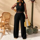 Women Summer Casual Zipper Sleeveless Top and Wide-Leg Pants Two-Piece Set