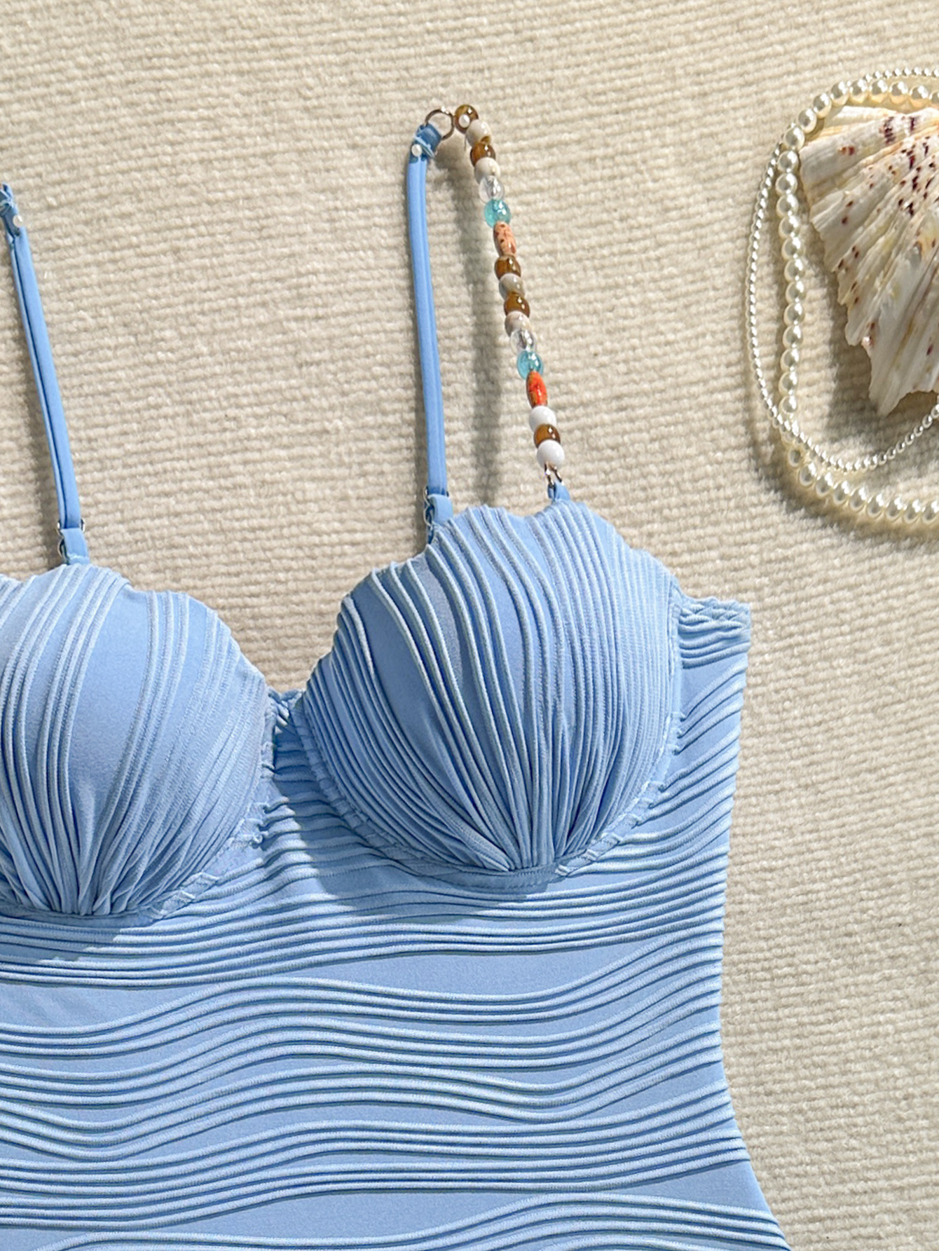 Wave Pattern Shell Beaded One-Piece Swimsuit for Beachwear