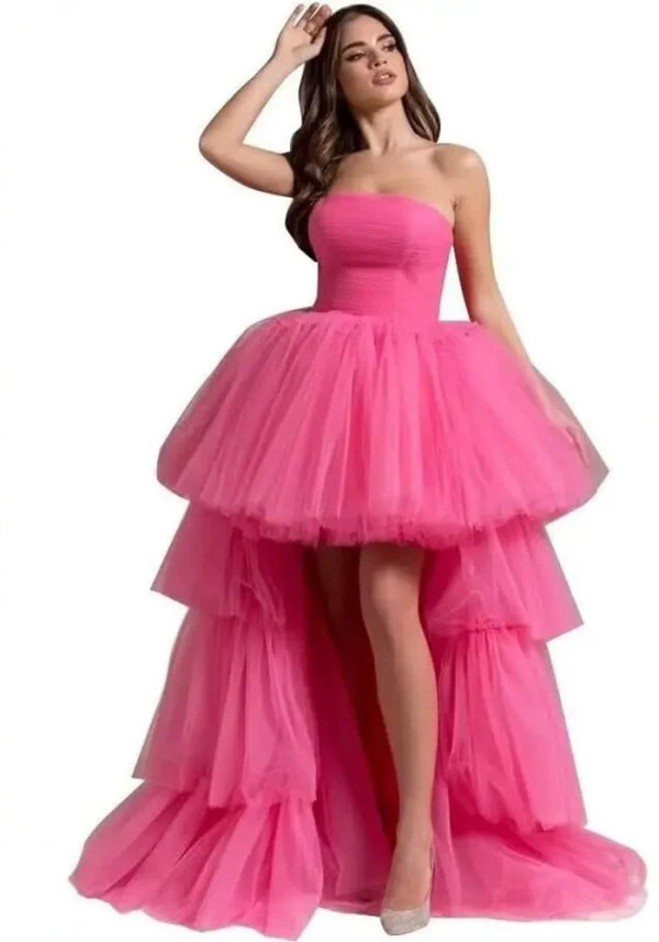 Women mesh cascading ruffles strapless evening dress(Processing time need 3-6 days)