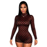 Women Sexy Polka Dot Round Neck Long-Sleeve Bodysuit