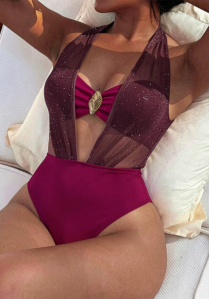Metallic Jewelry Cross Backless One-Piece Swimsuit
