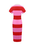 Women Elegant V-Neck Turndown Collar Striped Short-Sleeve Slit Dress