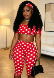 Women Sexy Polka Dot Print Strapless Top and Knee-Length Shorts (with headband) Two-Piece Set