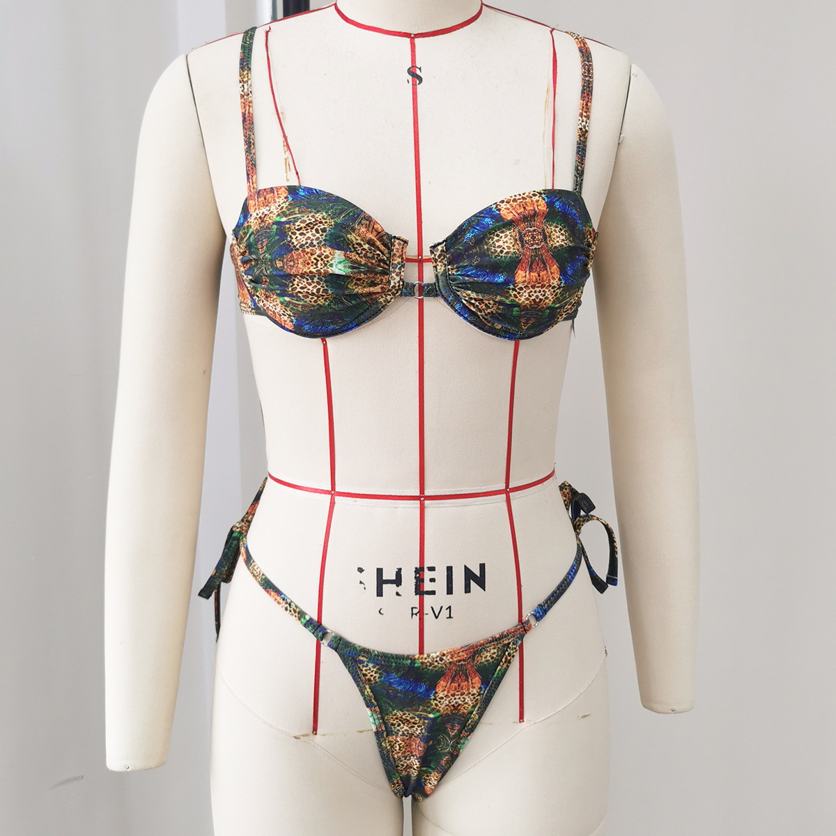 Retro Print Lace-Up Two-Piece Bikini Swimsuit