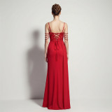Women Suspender Tassel Backless Formal Party Slit Evening Gown