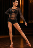 Women Beaded Stretch Open Crotch Buckle Finger Hollow Stage Bodysuit Hollow Mesh Top