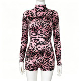 Women Sexy Round Neck Long-Sleeve Leopard Print Bodysuit