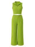 Women Summer Casual Zipper Sleeveless Top and Wide-Leg Pants Two-Piece Set