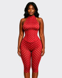 Women Halter Neck Polka Dot Zipper Capri Jumpsuit (Faux Two-Piece)