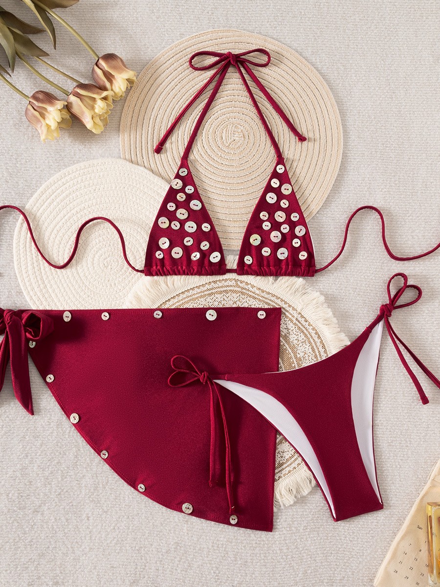 Button Halter Neck Lace-Up Two-Piece Bikini