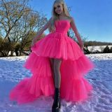 Women mesh cascading ruffles strapless evening dress（Processing time need 3-6 days）