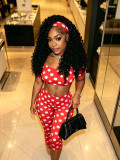 Women Sexy Polka Dot Print Strapless Top and Knee-Length Shorts (with headband) Two-Piece Set