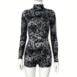 Women Sexy Round Neck Long-Sleeve Leopard Print Bodysuit