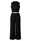Women Summer Casual Zipper Sleeveless Top and Wide-Leg Pants Two-Piece Set