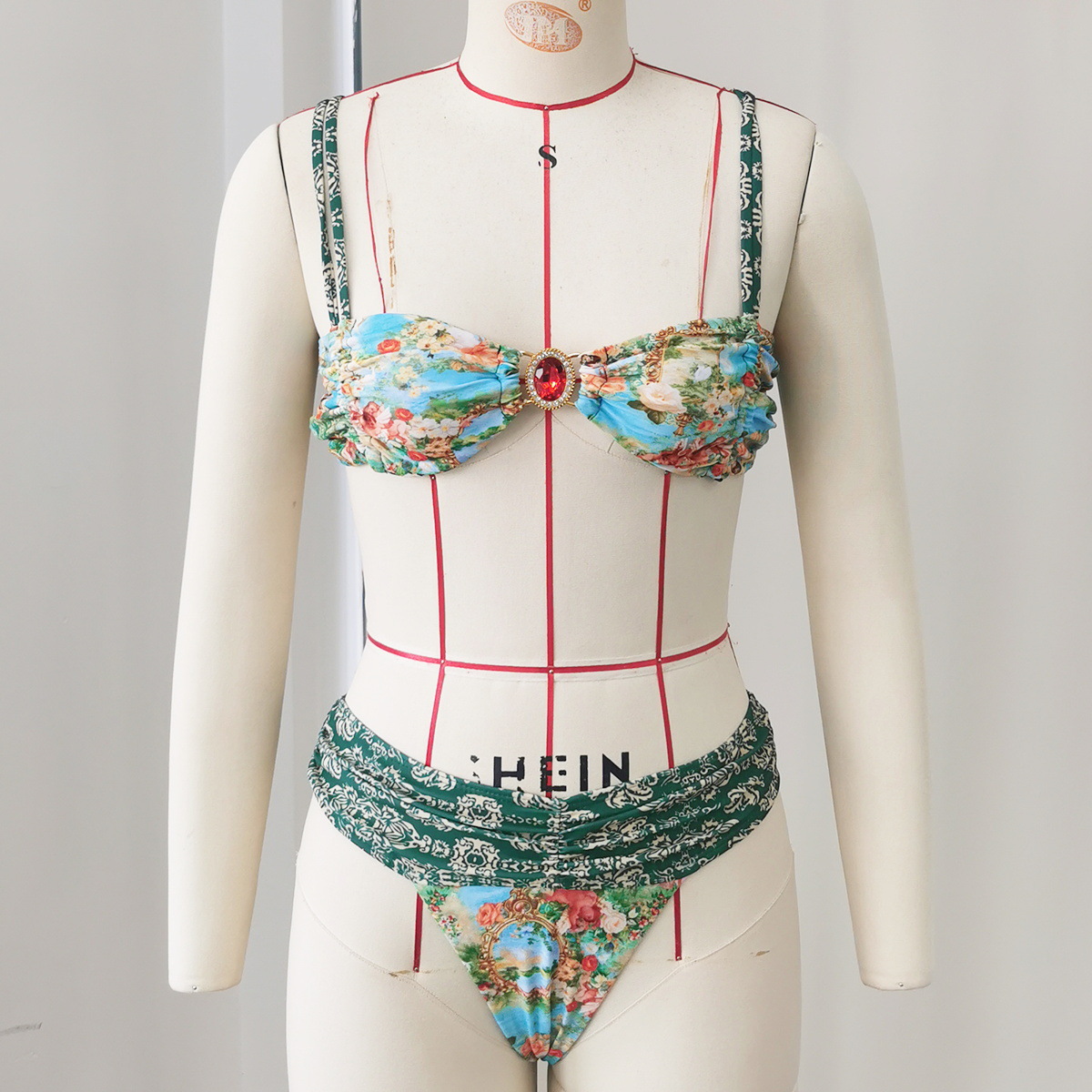 Floral Strapless Pleated Two-Piece Swimsuit