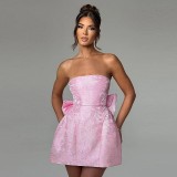 Women summer sexy jacquard strapless bow dress（Processing time need 3-6 days）
