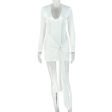 Women solid lace-up U-neck long-sleeved bodycon dress
