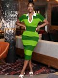 Women Elegant V-Neck Turndown Collar Striped Short-Sleeve Slit Dress