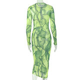 Women printed bodycon High-neck long-sleeved green dress
