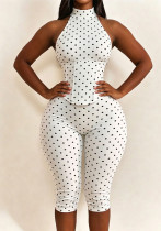 Women Halter Neck Polka Dot Zipper Capri Jumpsuit (Faux Two-Piece) Women Halter Neck Polka Dot Zipper Capri Jumpsuit (Faux Two-Piece)