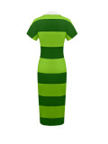Women Elegant V-Neck Turndown Collar Striped Short-Sleeve Slit Dress