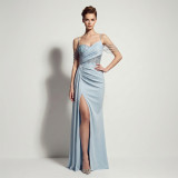 Women Suspender Tassel Backless Formal Party Slit Evening Gown
