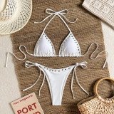 Women Halter Neck Lace-Up Metal Rivet Bikini Sexy Hollow-Out Swimwear Two Pieces
