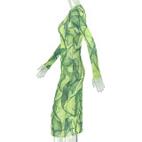 Women printed bodycon High-neck long-sleeved green dress