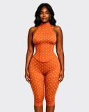 Women Halter Neck Polka Dot Zipper Capri Jumpsuit (Faux Two-Piece)