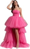 Women mesh cascading ruffles strapless evening dress（Processing time need 3-6 days）