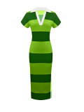 Women Elegant V-Neck Turndown Collar Striped Short-Sleeve Slit Dress