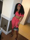 Women Sexy Polka Dot Print Strapless Top and Knee-Length Shorts (with headband) Two-Piece Set