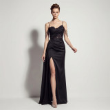 Women Suspender Tassel Backless Formal Party Slit Evening Gown