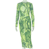 Women printed bodycon High-neck long-sleeved green dress