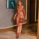Women color-blocked bodycon round neck long-sleeved dress