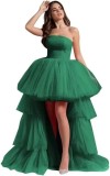 Women mesh cascading ruffles strapless evening dress（Processing time need 3-6 days）
