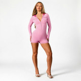 Women Sporty Color Block Zipper Hooded Romper