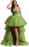 Women mesh cascading ruffles strapless evening dress（Processing time need 3-6 days）